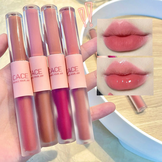 New Double-ended Velvet Matte Lip Glaze with Mirror Moisturizing Glossy Lip Oil Korean Cosmetics Lip Gloss Wholesale